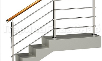 Четыре ригеля на держателях, круглый деревянный поручень и квадратные стойки в Новосибирске. Готовые проекты ПерилаГлавСнаб