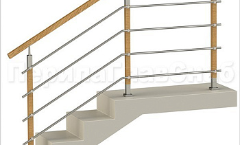 Четыре ригеля на держателях, квадратный деревянный поручень и стойки с деревянными вставками в Новосибирске. Готовые проекты ПерилаГлавСнаб
