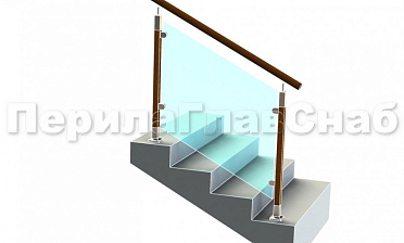 Ограждение с круглым деревянным поручнем с зажимными стеклодержателями и стойками с деревянными вставками купить в Новосибирске