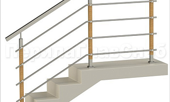 Четыре ригеля на держателях, квадратный поручень и стойки с деревянными вставками в Новосибирске. Готовые проекты ПерилаГлавСнаб